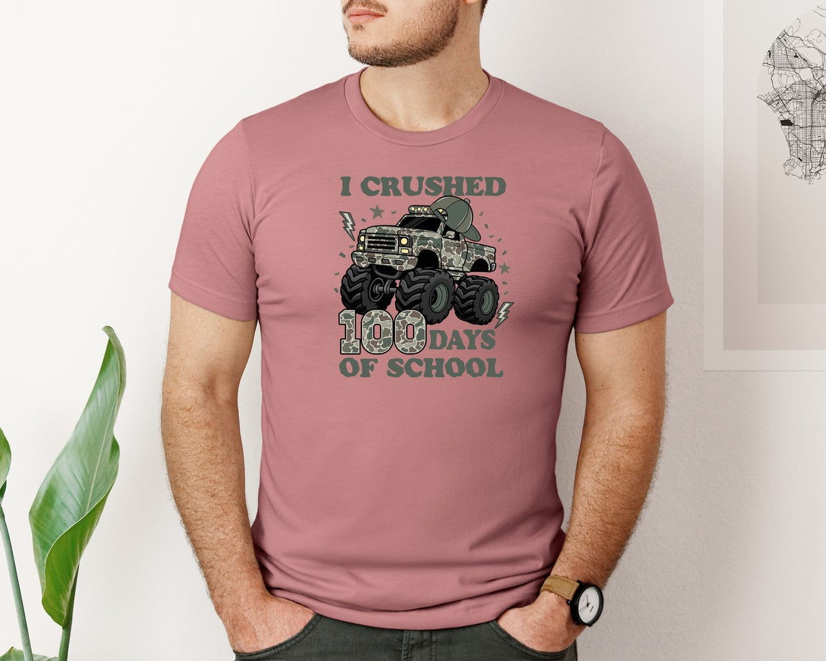 brand:Bella Canvas|color:Heather Mauve|I Crushed 100 Days Of School Camo Graphic T-Shirt
