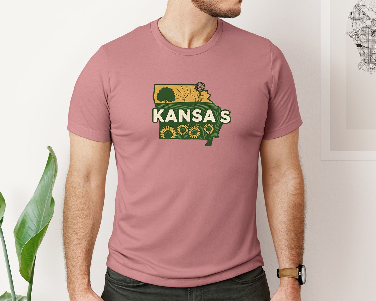 brand:Bella Canvas|color:Heather Mauve|Kansas State Map 2 Graphic T-Shirt