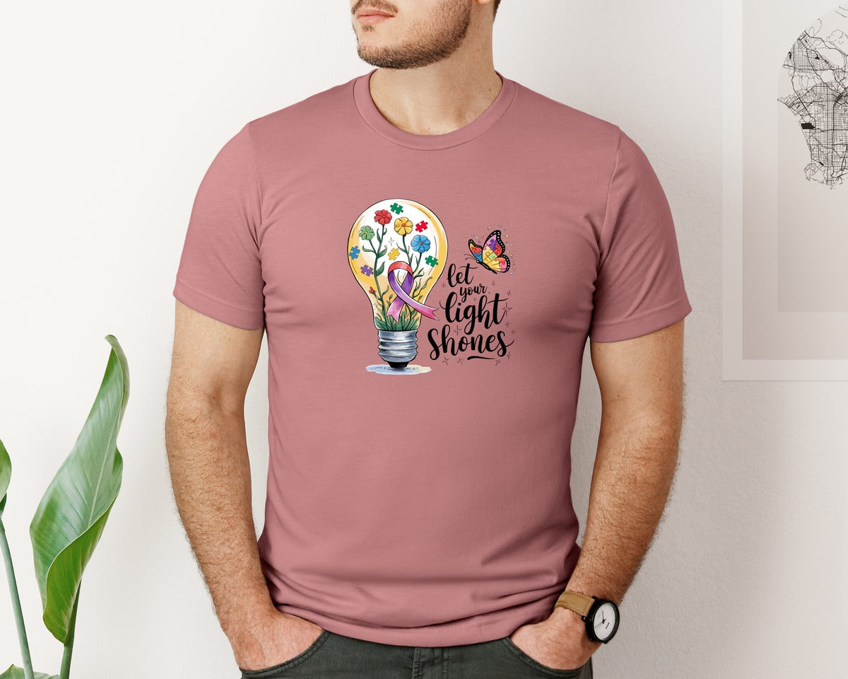 brand:Bella Canvas|color:Heather Mauve|Autism Awareness Let Your Light Shine Graphic T-Shirt