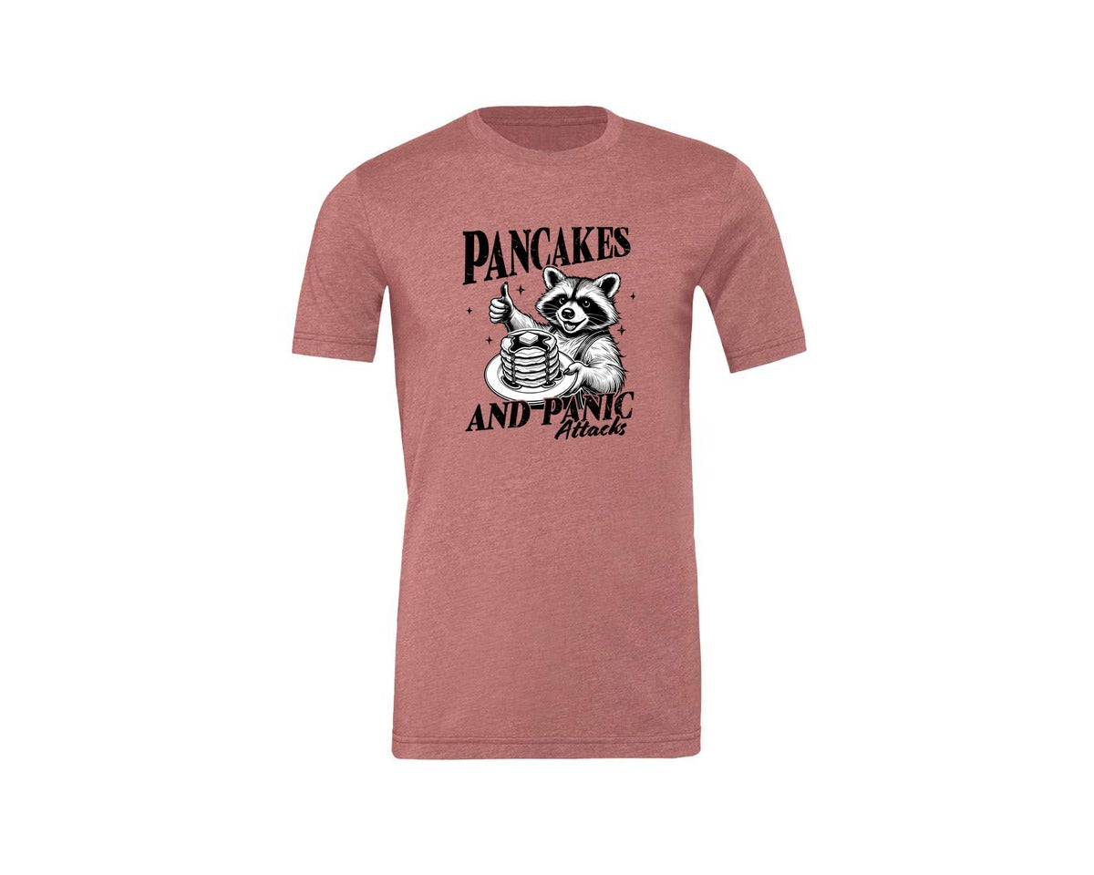 brand:Generic|color:Heather Mauve|Mental Health Raccoon Pancakes And Panic Graphic T-Shirt