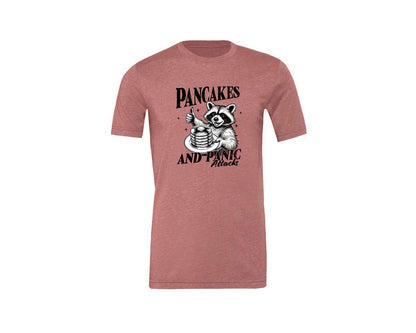 brand:Generic|color:Heather Mauve|Mental Health Raccoon Pancakes And Panic Graphic T-Shirt