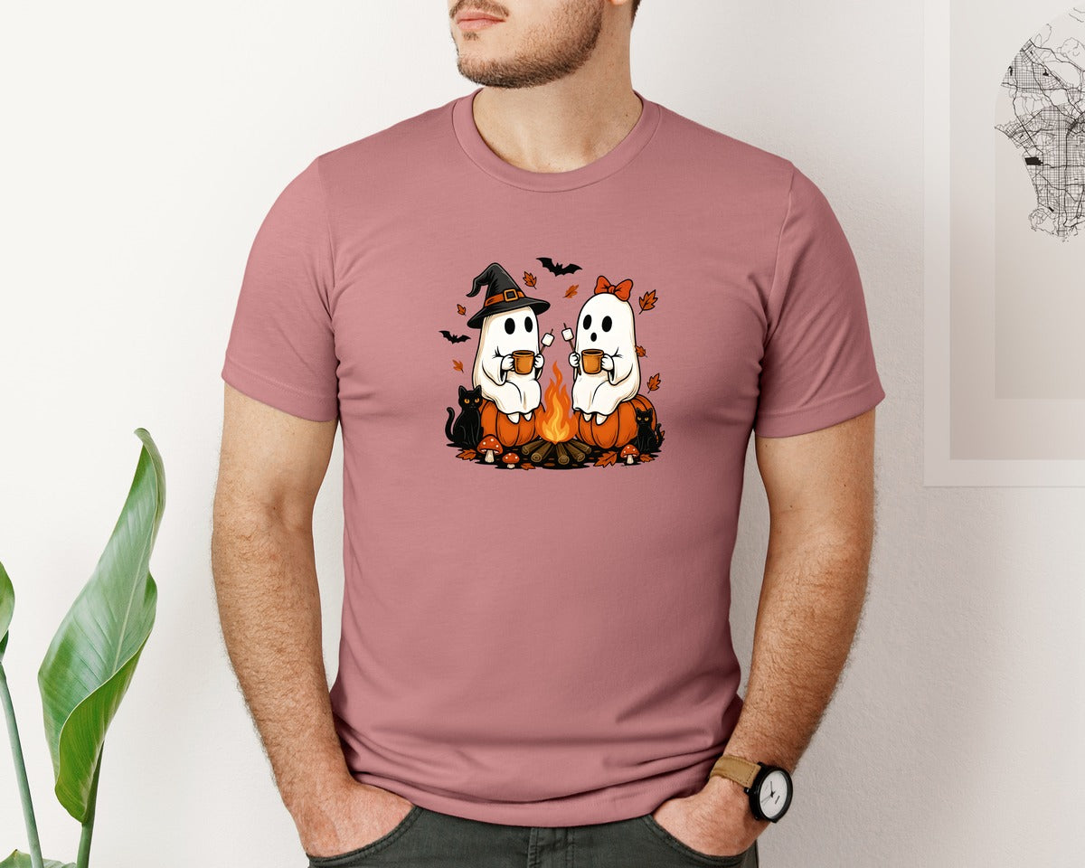 brand:Bella Canvas|color:Heather Mauve|Ghost Campfire Halloween 4 Graphic T-Shirt