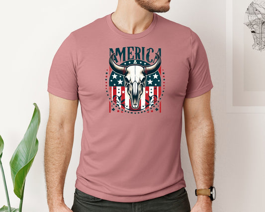 America Cow Skull 4Th Of July Flag Graphic T-Shirt