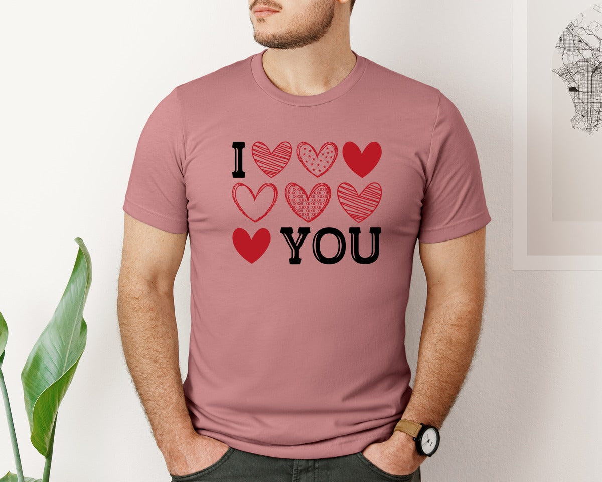 brand:Bella Canvas|color:Heather Mauve|I Love You Hearts Valentine Day Graphic T-Shirt