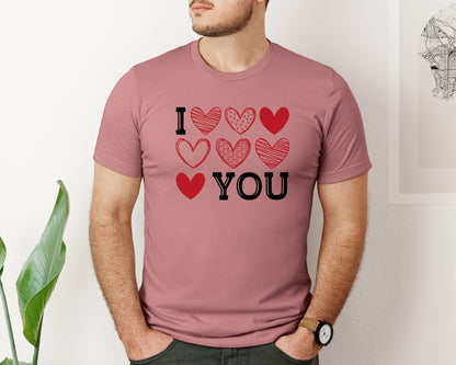 brand:Bella Canvas|color:Heather Mauve|I Love You Hearts Valentine Day Graphic T-Shirt