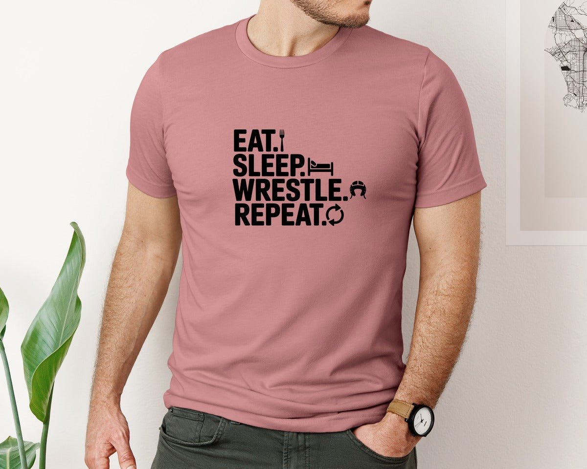 brand:Bella Canvas|color:Heather Mauve|Eat Sleep Wrestle Repeat Ai Graphic T-Shirt