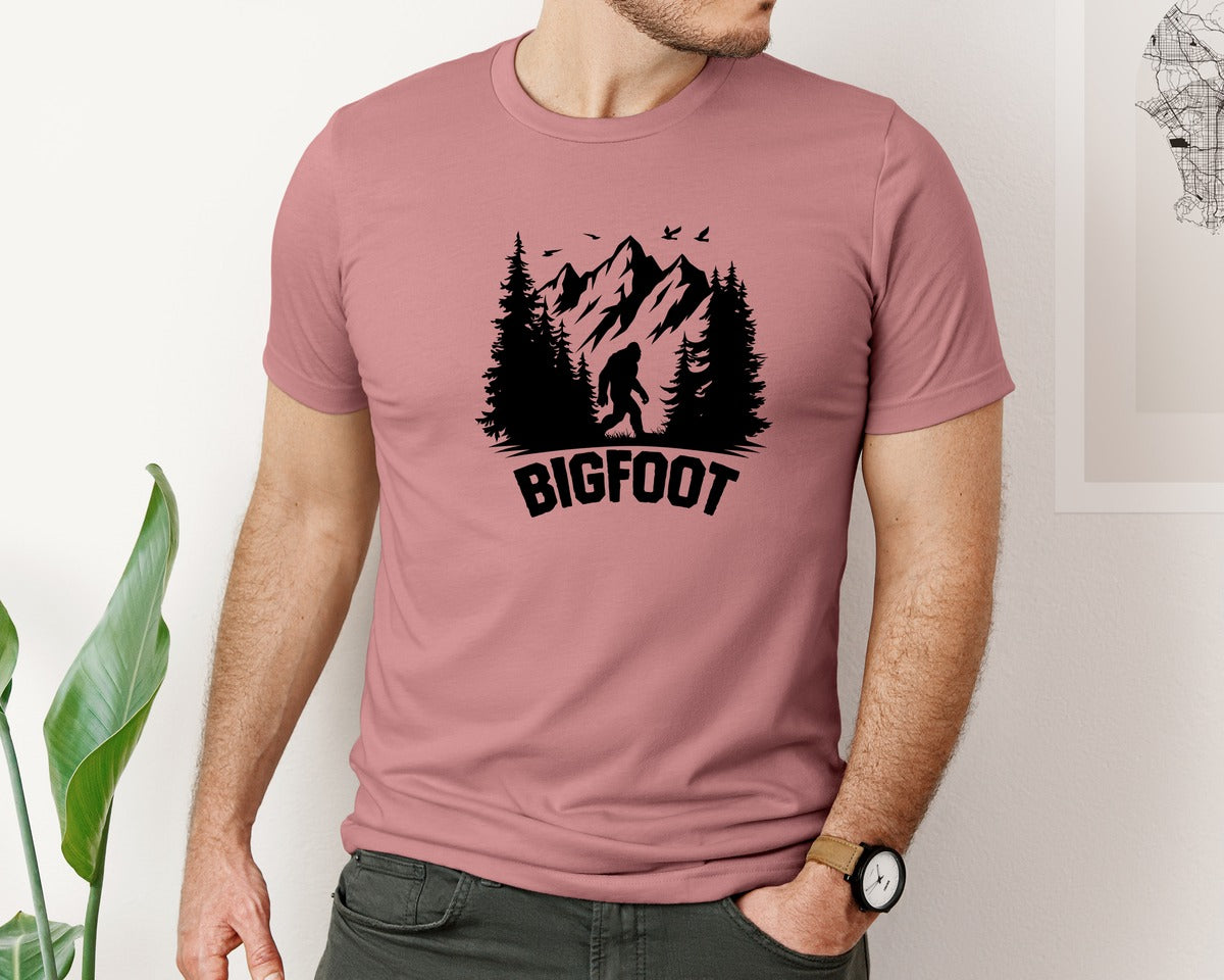 brand:Bella Canvas|color:Heather Mauve|Retro Bigfoot Silhouette Pixel Art Graphic T-Shirt