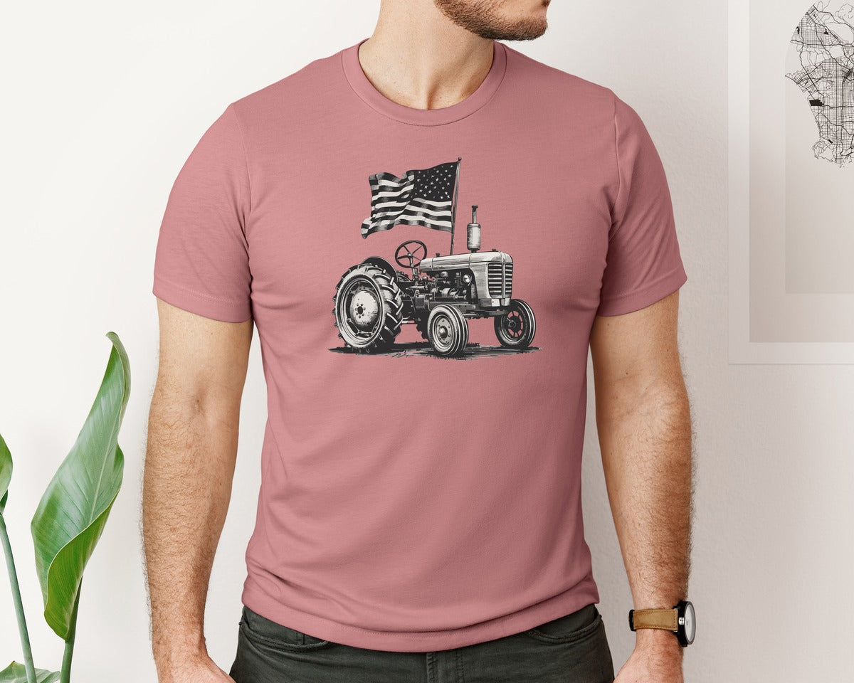 brand:Bella Canvas|color:Heather Mauve|Tractor Us Flag Vintage Farm Art Graphic T-Shirt