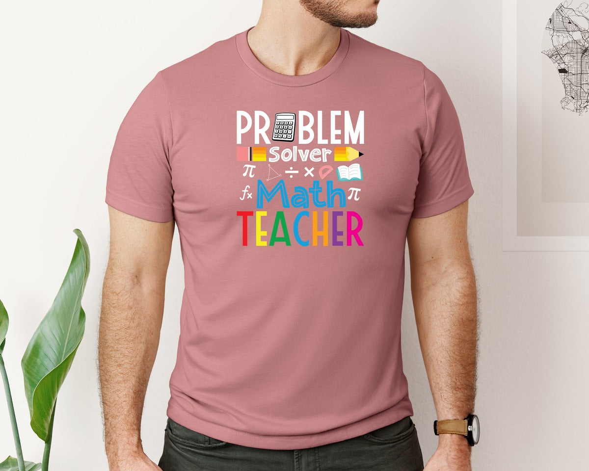 brand:Bella Canvas|color:Heather Mauve|Problem Solver Math Teacher Retro Tshirt Graphic T-Shirt