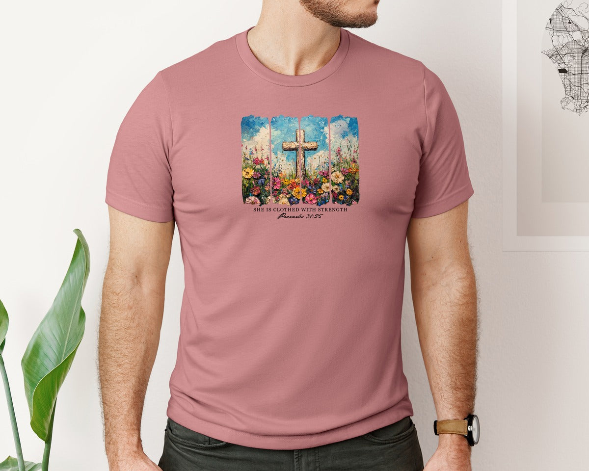 brand:Bella Canvas|color:Heather Mauve|Clothed With Strength Christian Graphic T-Shirt