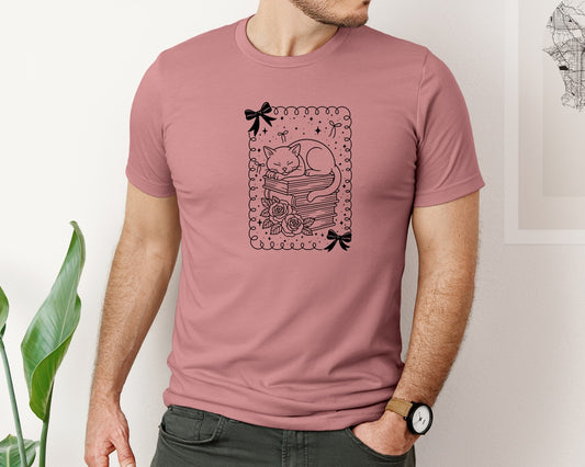 Cat On Book Stack Graphic T-Shirt