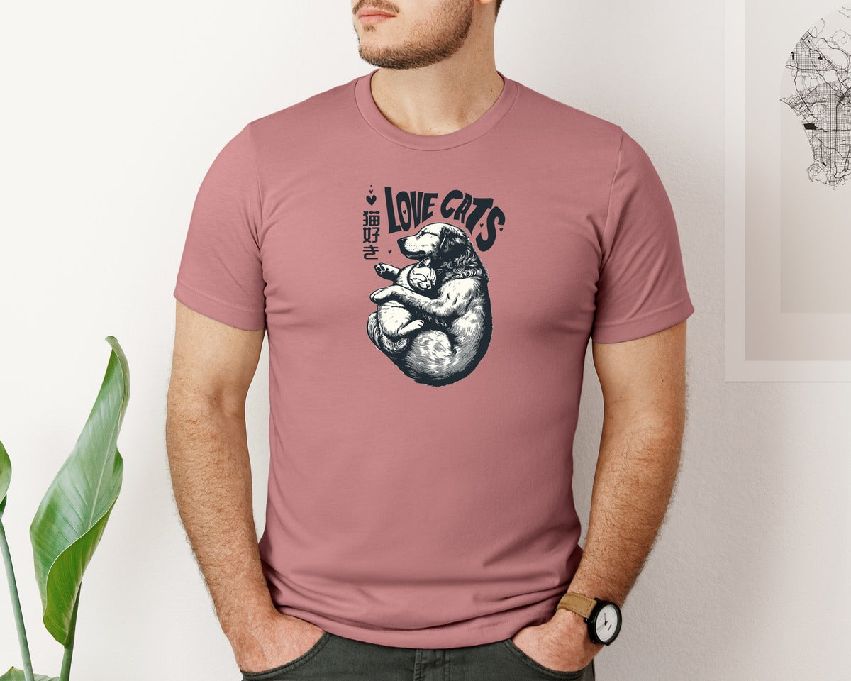 brand:Bella Canvas|color:Heather Mauve|Golden Retriever Loves Cats Shirt Graphic T-Shirt