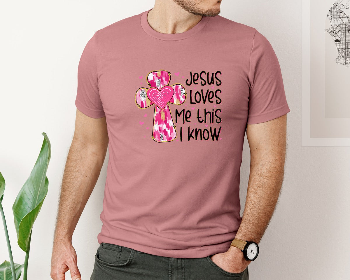 brand:Bella Canvas|color:Heather Mauve|Jesus Loves Me This I Know Pink Cross Pn Graphic T-Shirt