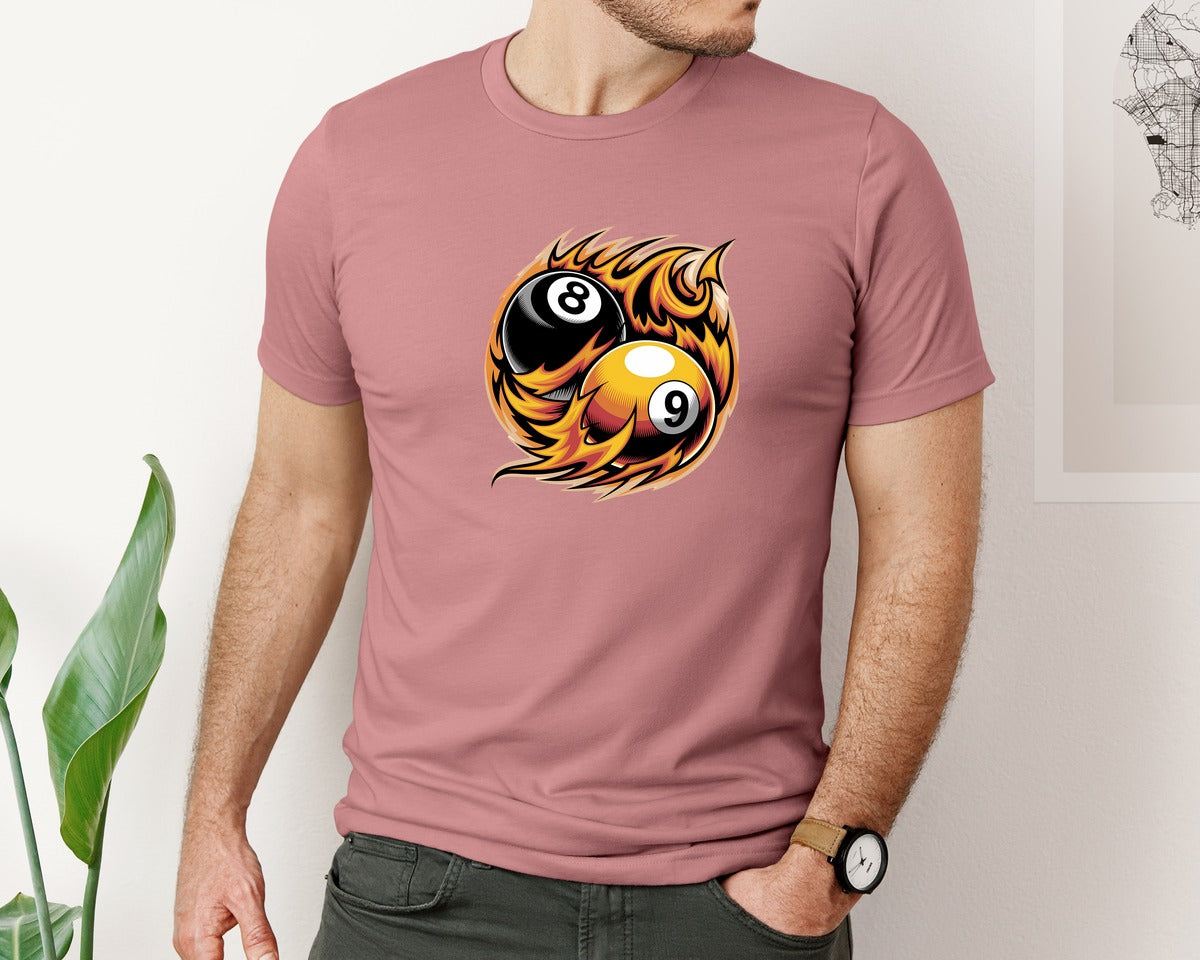 brand:Bella Canvas|color:Heather Mauve|Flaming 8 9 Ball Billiards Graphic T-Shirt