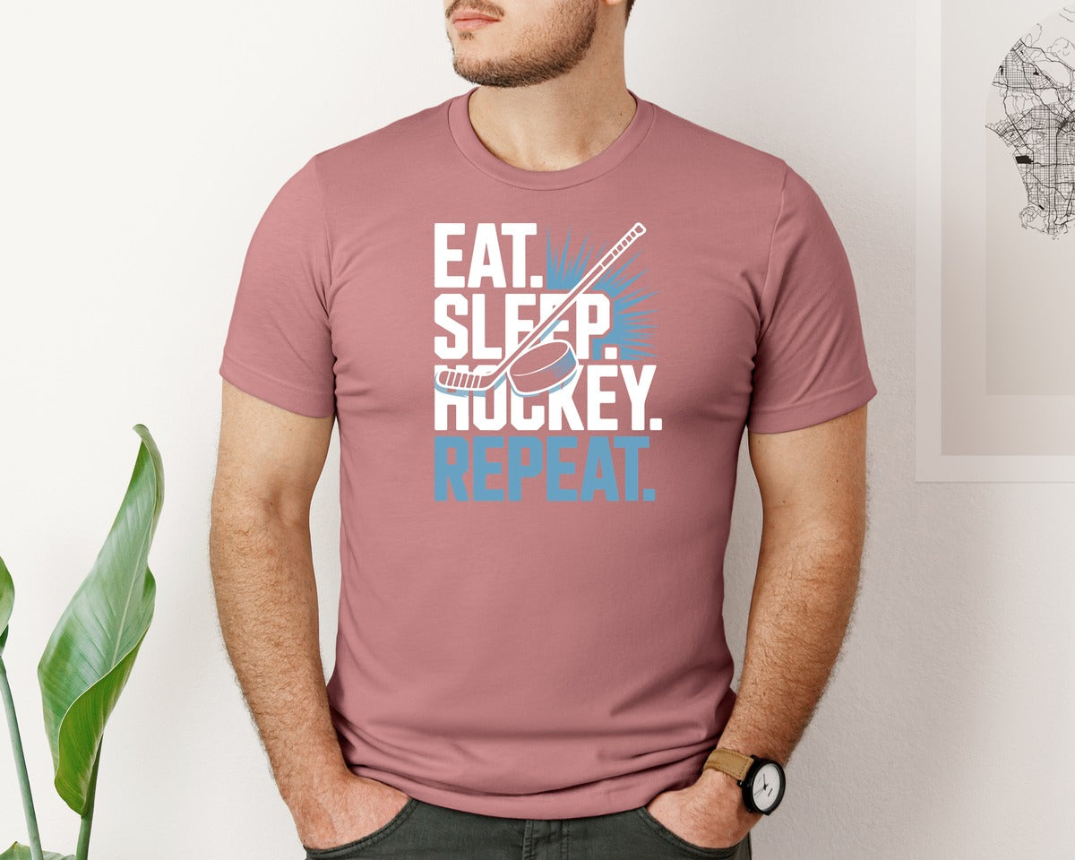 brand:Bella Canvas|color:Heather Mauve|Eat Sleep Hockey Repeat T Shirt Design 8 Graphic T-Shirt
