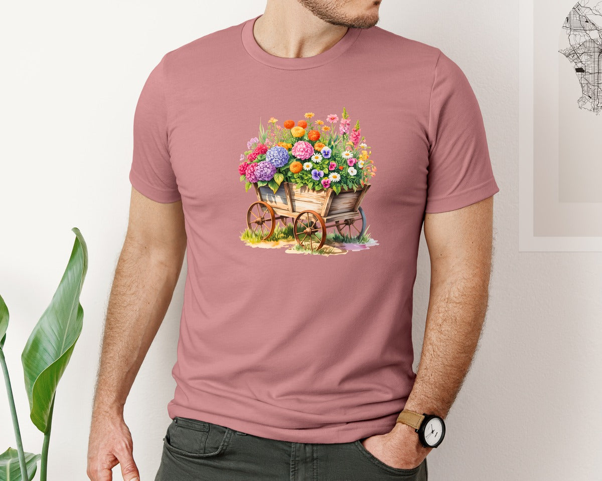 brand:Bella Canvas|color:Heather Mauve|Rustic Flower Cart Wagon Blooming Graphic T-Shirt