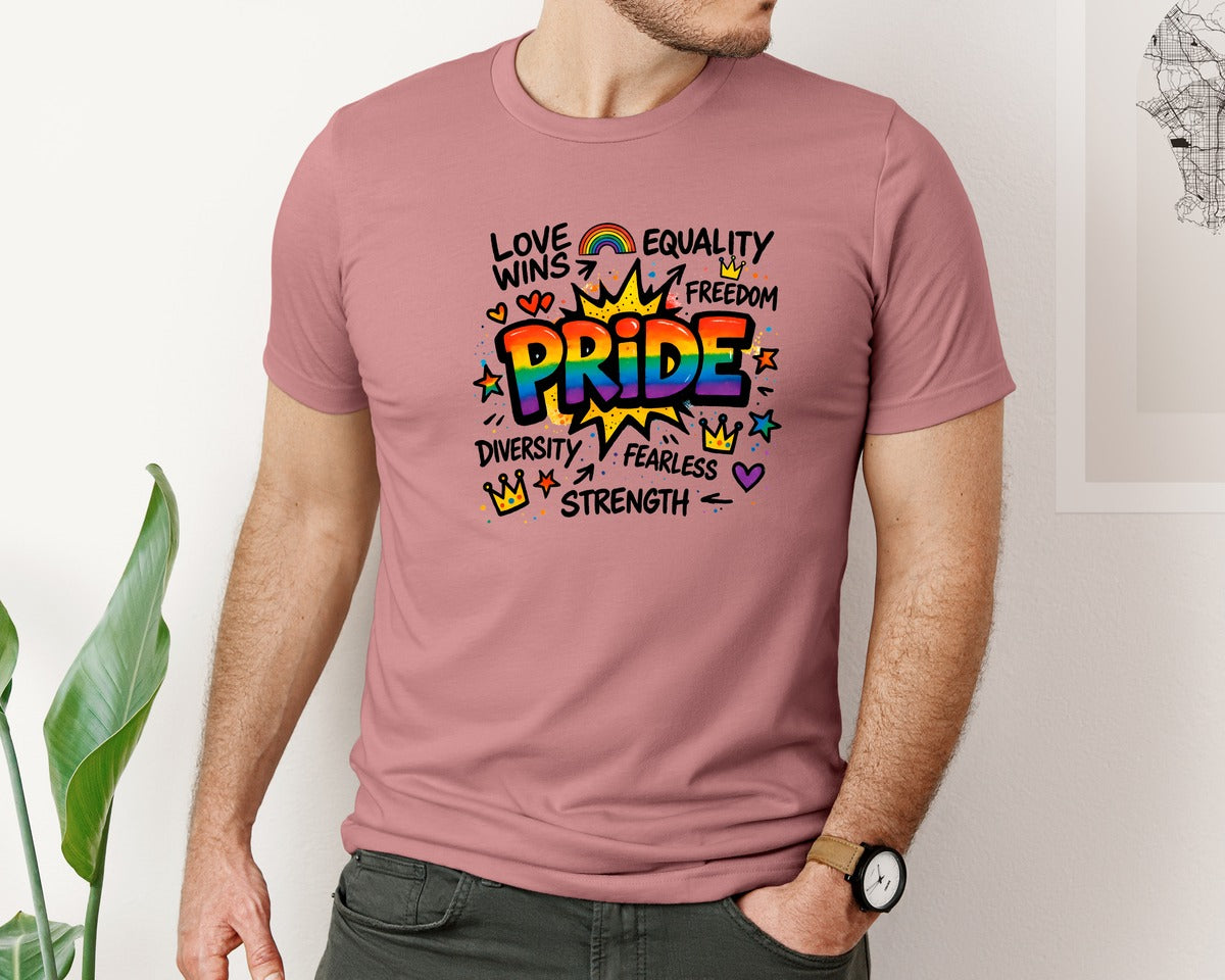 brand:Bella Canvas|color:Heather Mauve|Pride Rainbow Typography 2 Graphic T-Shirt