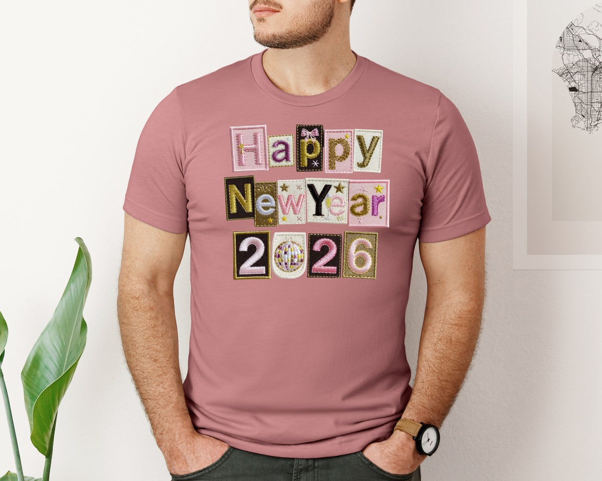 brand:Bella Canvas|color:Heather Mauve|Happy New Year 2026 Faux Patchwork 2 Graphic T-Shirt