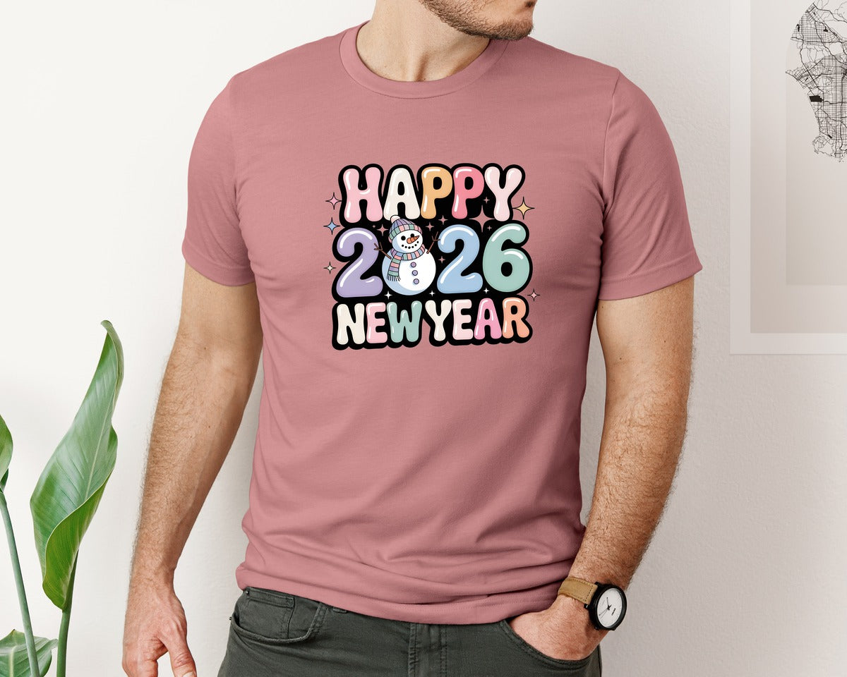 brand:Bella Canvas|color:Heather Mauve|Happy New Year 2026 Holiday Graphic T-Shirt