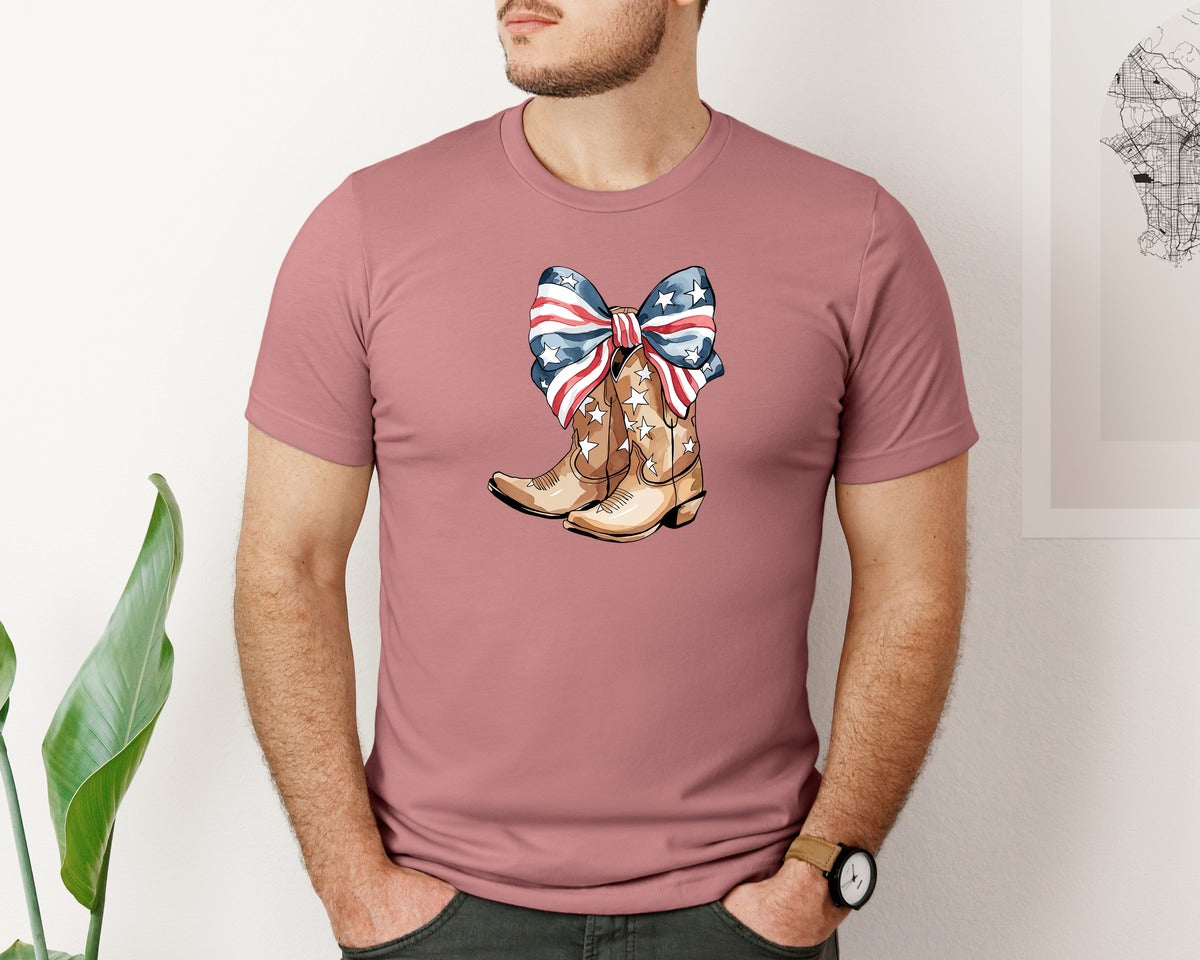 brand:Bella Canvas|color:Heather Mauve|Patriotic Coquette Cowgirl Boots Graphic T-Shirt