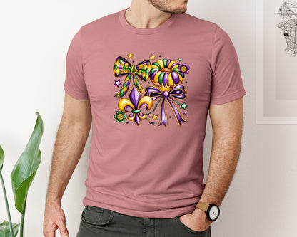 brand:Bella Canvas|color:Heather Mauve|Mardi Gras Coquette Fleur De Lis Graphic T-Shirt