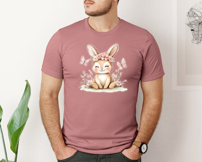 brand:Bella Canvas|color:Heather Mauve|Cute Bunny With Flower Crown Spring Graphic T-Shirt