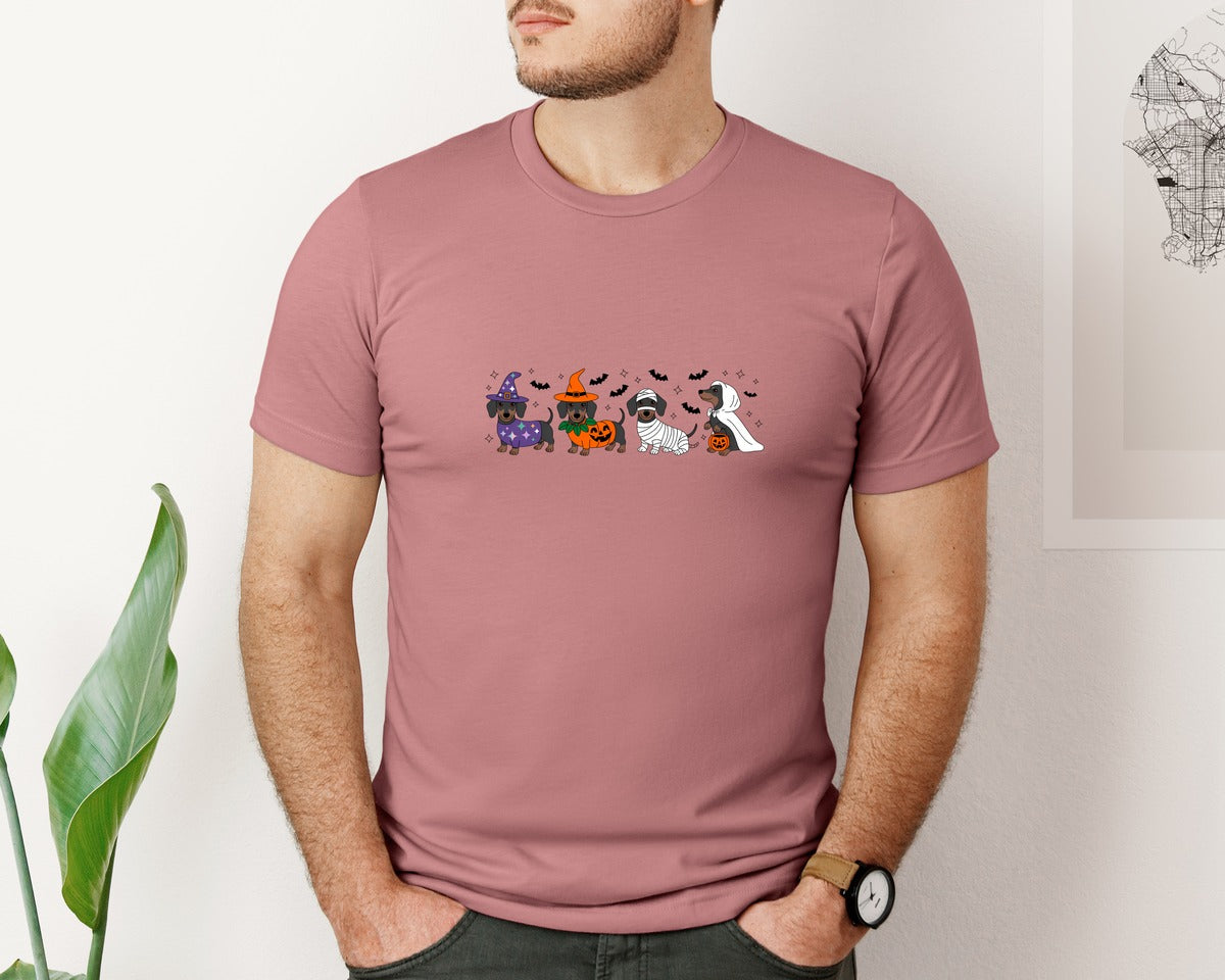 brand:Bella Canvas|color:Heather Mauve|Halloween Dachshund Graphic T-Shirt