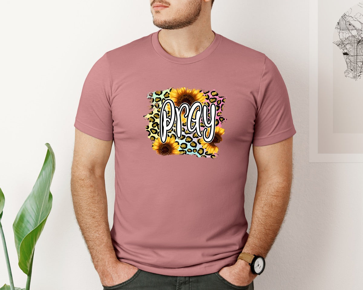 brand:Bella Canvas|color:Heather Mauve|Pray Colorful Leopard Jesus Graphic T-Shirt