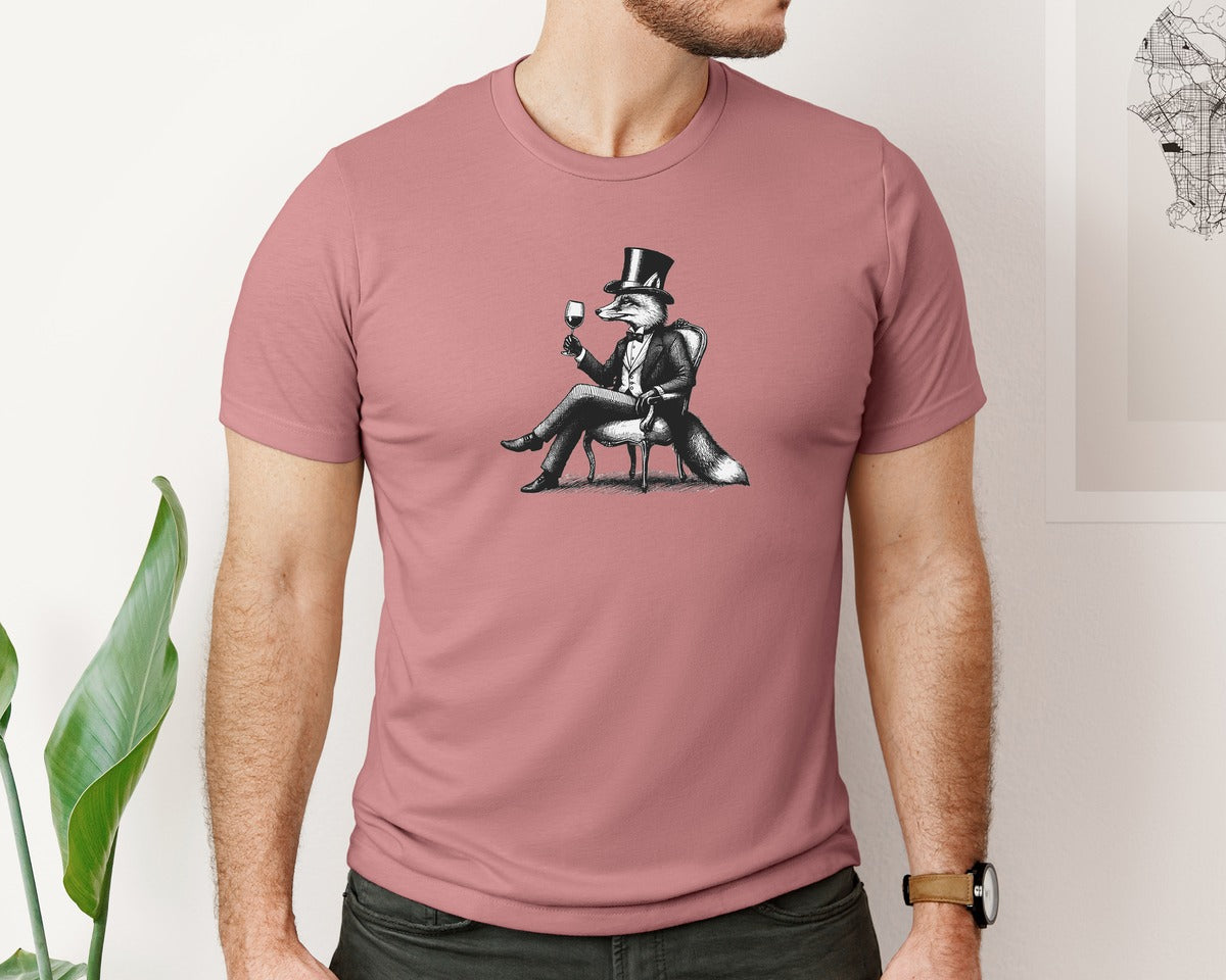 brand:Bella Canvas|color:Heather Mauve|Fox Drink Wine Retro Vintage Shirt Graphic T-Shirt