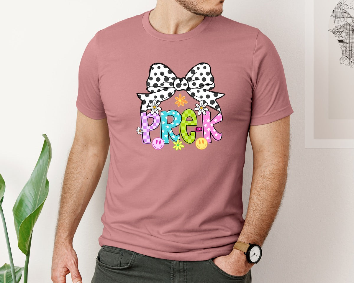 brand:Bella Canvas|color:Heather Mauve|Pre K Teacher Coquette Neon Checkered Graphic T-Shirt