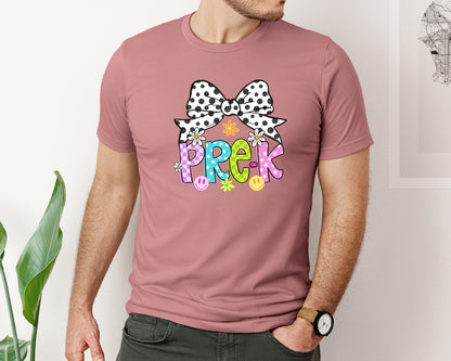 brand:Bella Canvas|color:Heather Mauve|Pre K Teacher Coquette Neon Checkered Graphic T-Shirt