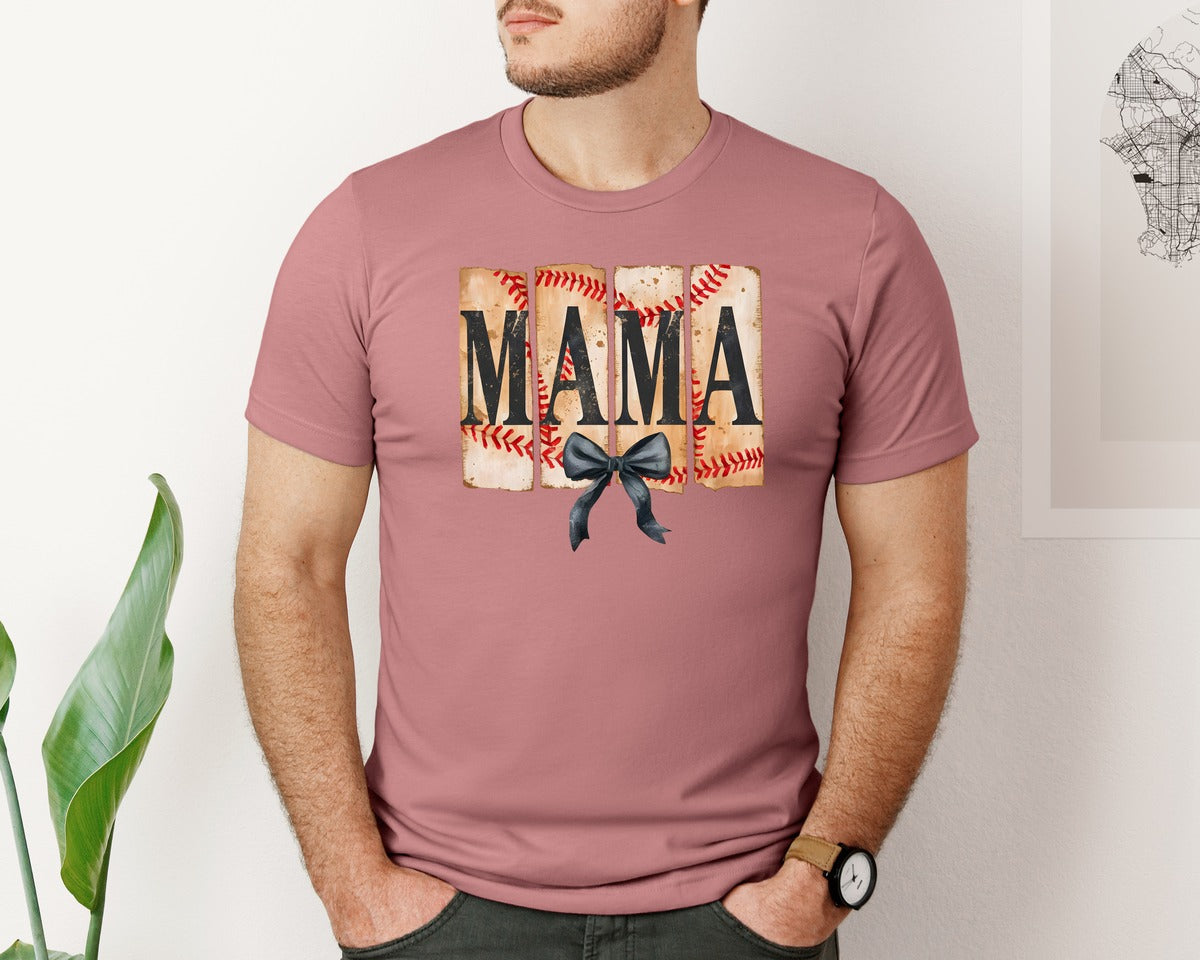 brand:Bella Canvas|color:Heather Mauve|Vintage Baseball Mama With Bow Mom Graphic T-Shirt