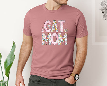 brand:Bella Canvas|color:Heather Mauve|Retro Floral Cat Mom Coquette Bow C Graphic T-Shirt