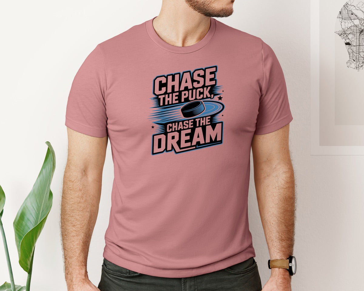 brand:Bella Canvas|color:Heather Mauve|Ice Hockey Chase The Puck Shirt Graphic T-Shirt