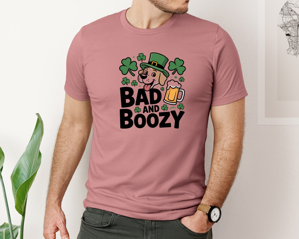 brand:Bella Canvas|color:Heather Mauve|Bad And Boozy Dog St Patricks Day Graphic T-Shirt