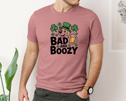 brand:Bella Canvas|color:Heather Mauve|Bad And Boozy Dog St Patricks Day Graphic T-Shirt