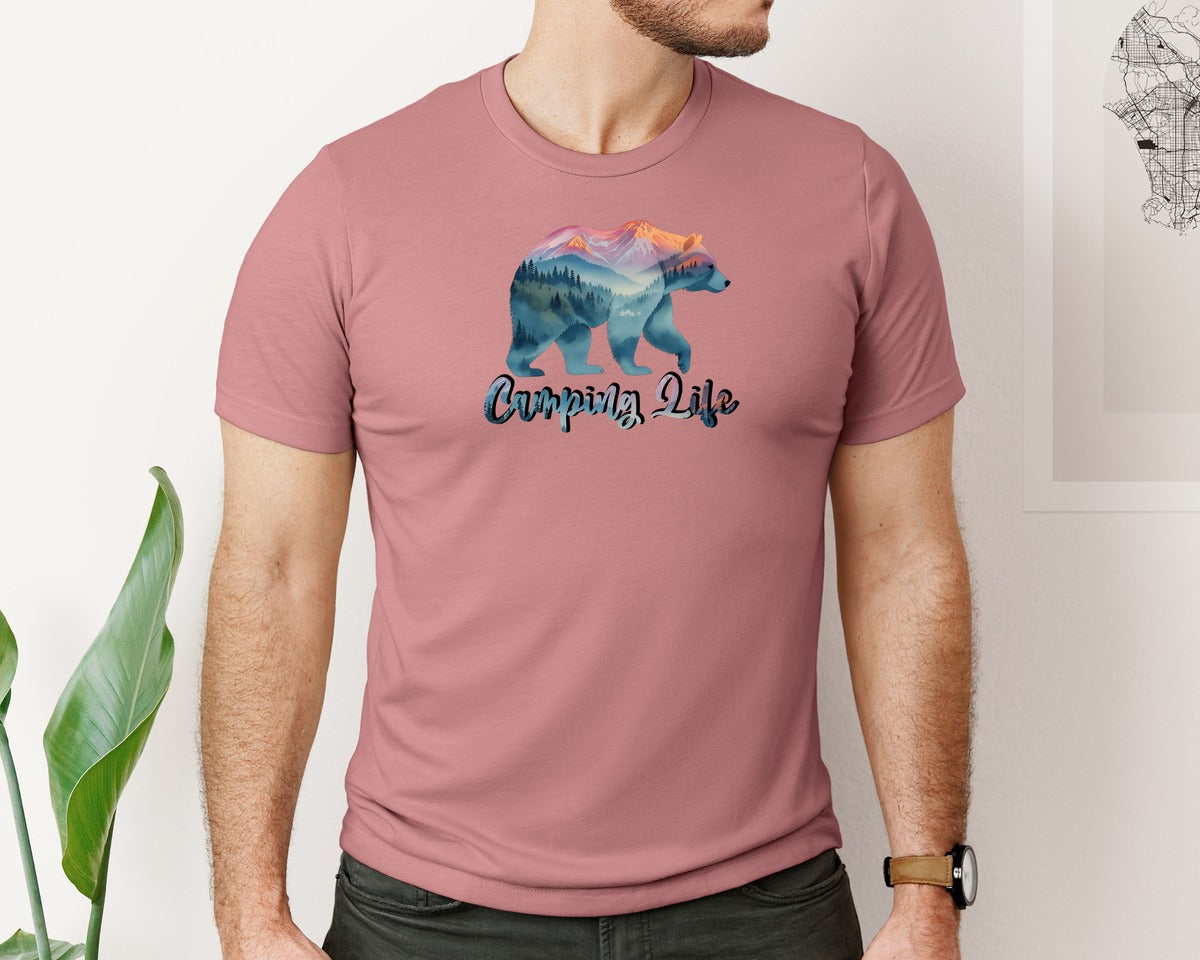 brand:Bella Canvas|color:Heather Mauve|Wildlife Animal Nature Bear Camping Graphic T-Shirt