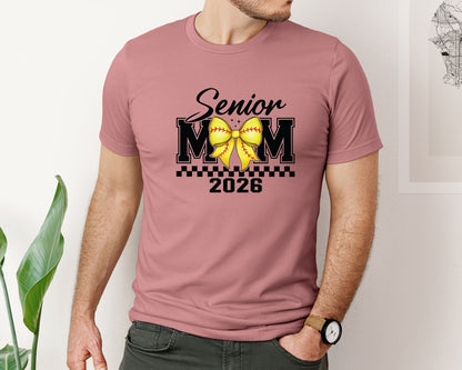 brand:Bella Canvas|color:Heather Mauve|Senior Softball Mom 2026 Coquette Bow Graphic T-Shirt