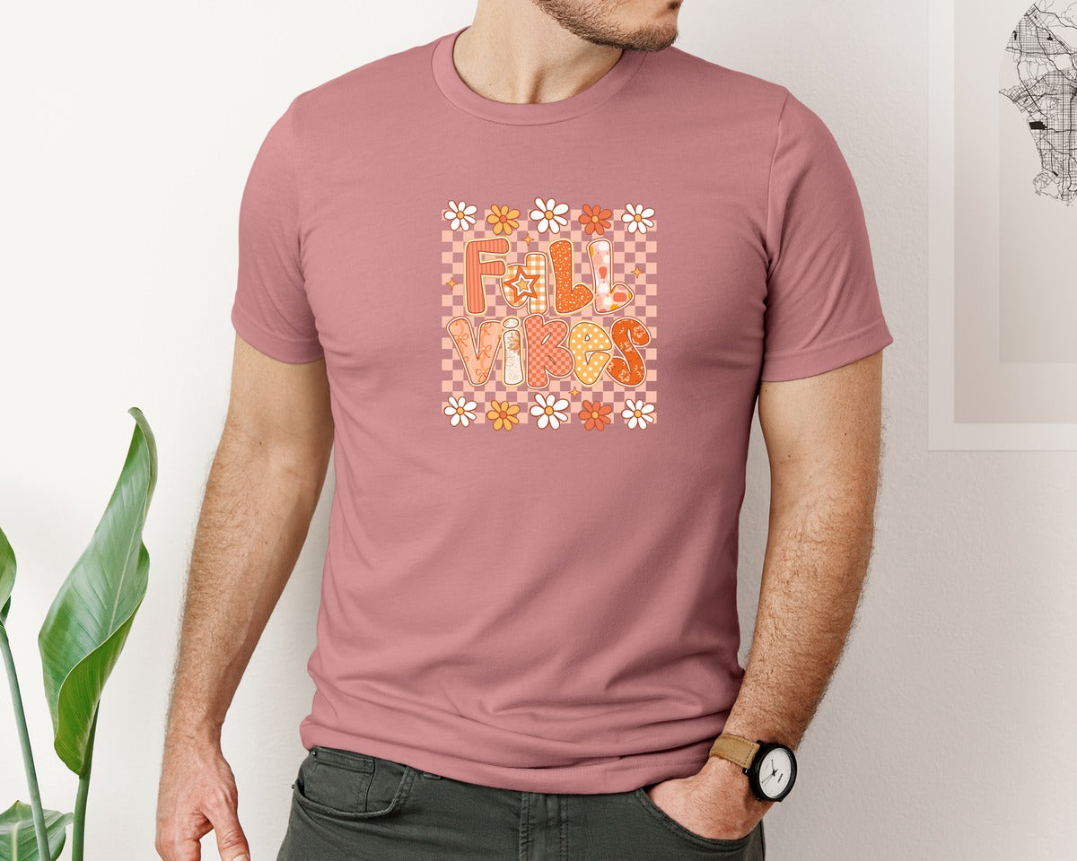 brand:Bella Canvas|color:Heather Mauve|Retro Fall Vibes Floral Fall Graphic T-Shirt