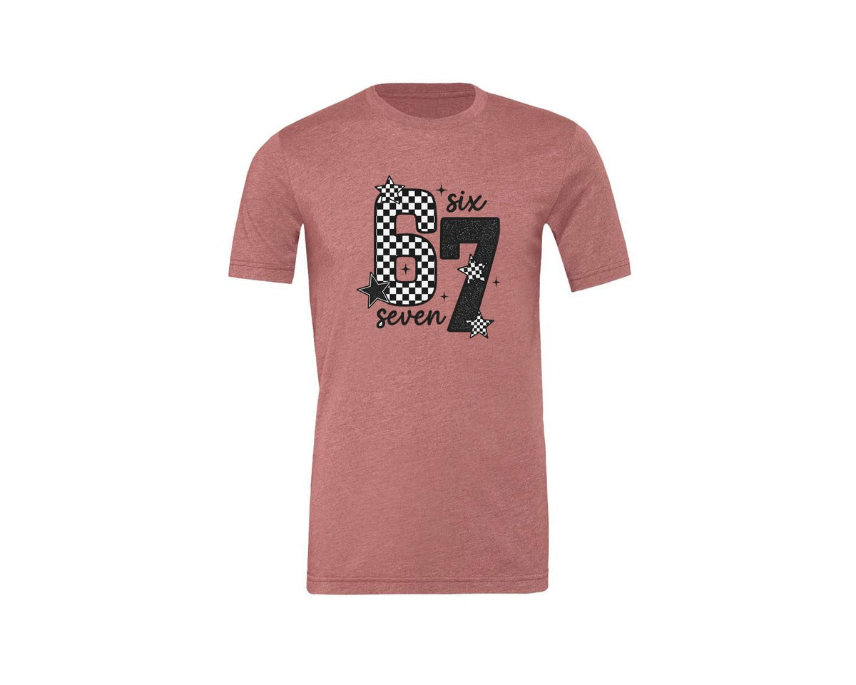 brand:Generic|color:Heather Mauve|Six Seven 67 Checkered Stars Graphic T-Shirt