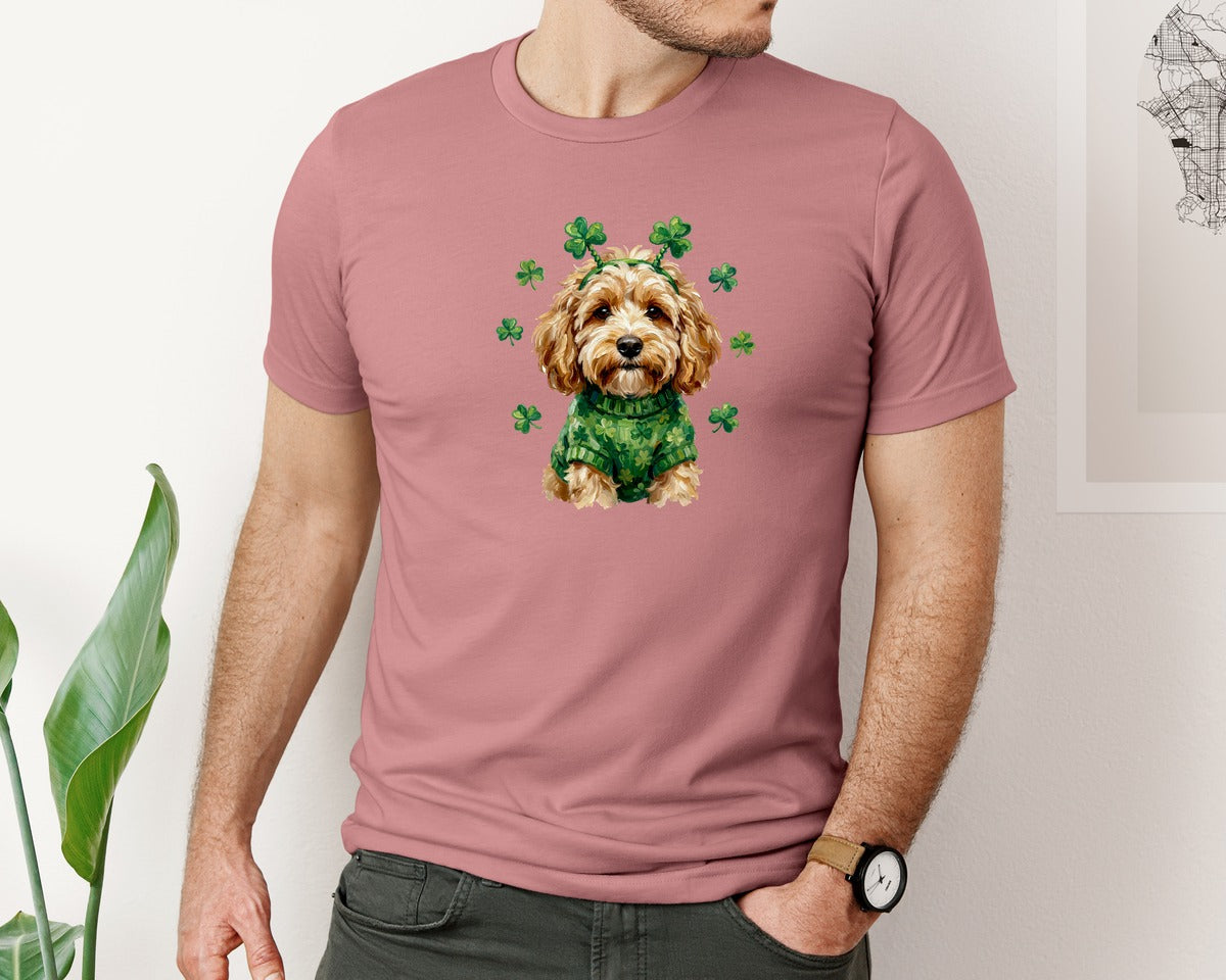brand:Bella Canvas|color:Heather Mauve|Cute Dog Shamrock Oil Paint Graphic T-Shirt