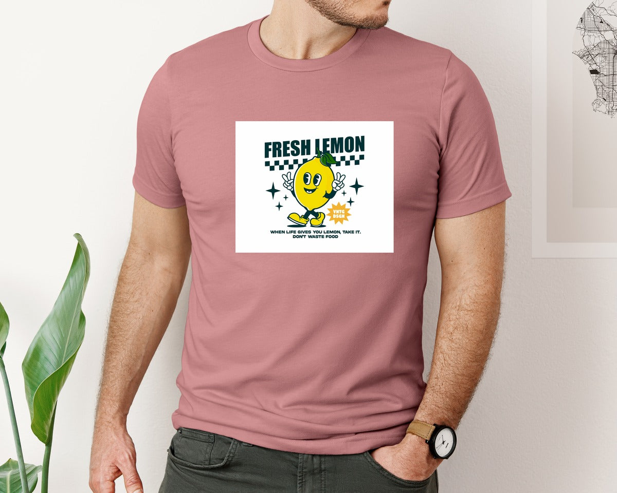 brand:Bella Canvas|color:Heather Mauve|Lemon Cartoon Character Retro Design Graphic T-Shirt