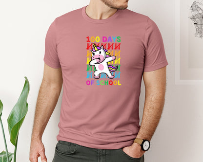 brand:Bella Canvas|color:Heather Mauve|100 Days Of School Dabbing Unicorn Graphic T-Shirt