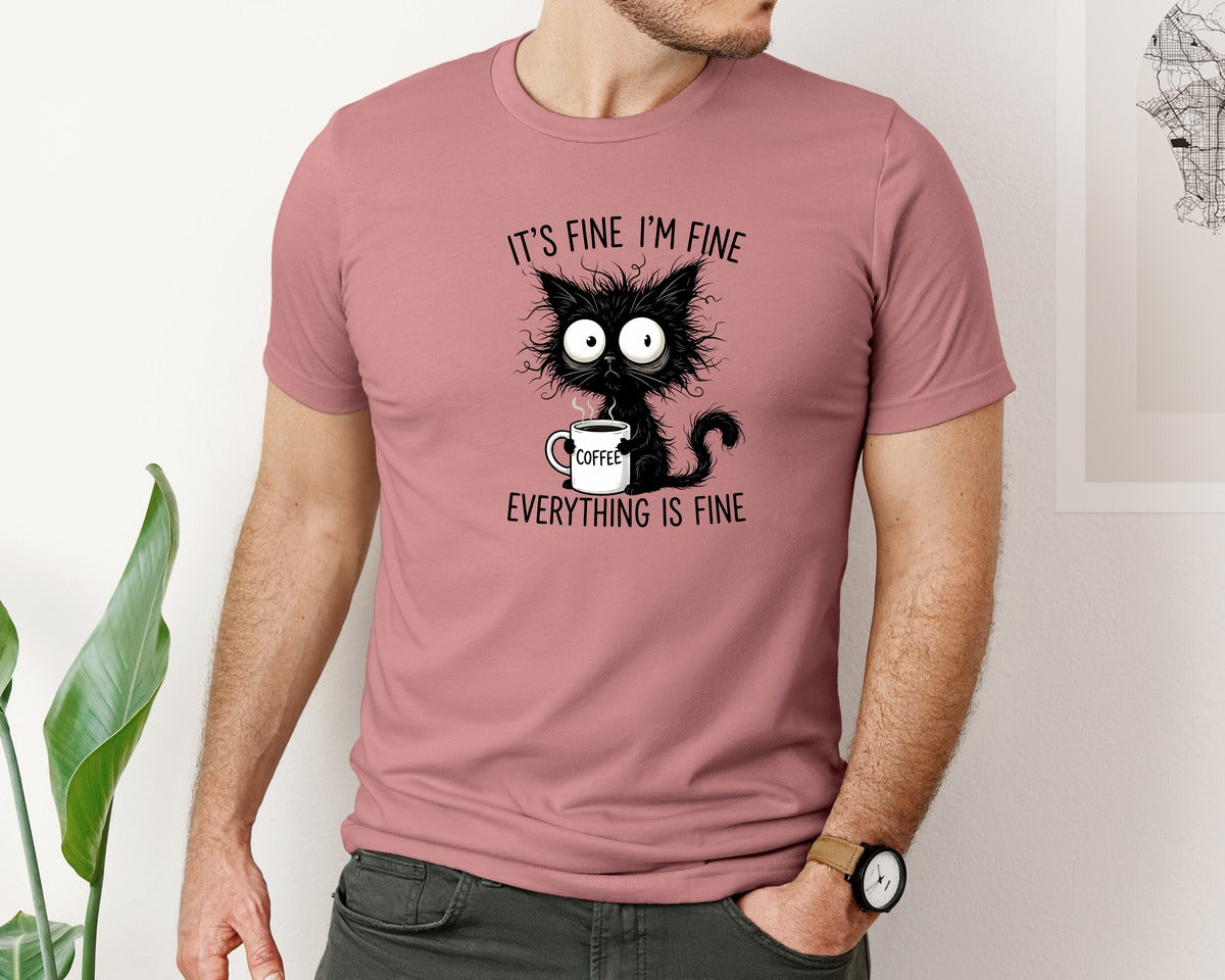 brand:Bella Canvas|color:Heather Mauve|Funny Coffee Cat Design Graphic T-Shirt