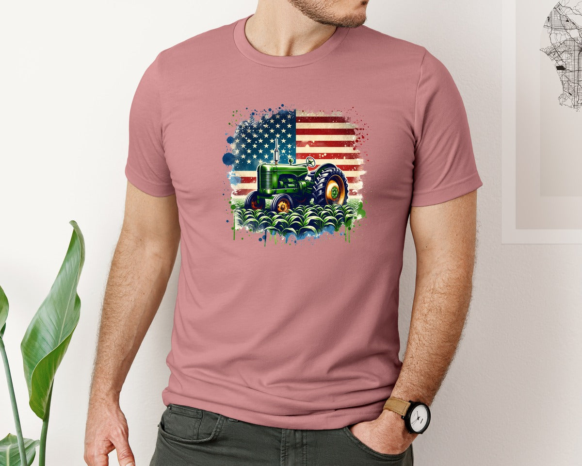 brand:Bella Canvas|color:Heather Mauve|Green Tractor Farm American Flag Graphic T-Shirt