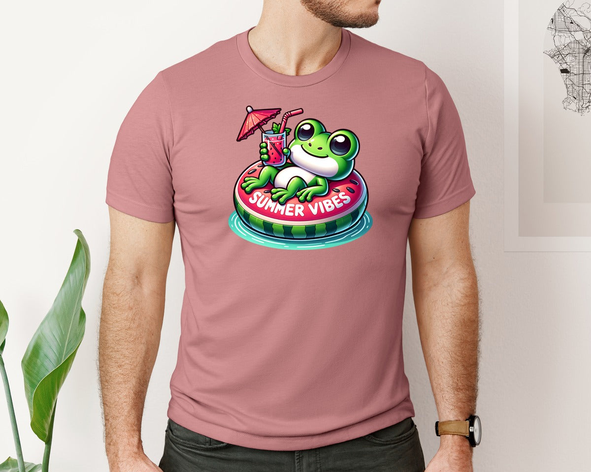 brand:Bella Canvas|color:Heather Mauve|Cute Frog Summer Vibes Graphic T-Shirt