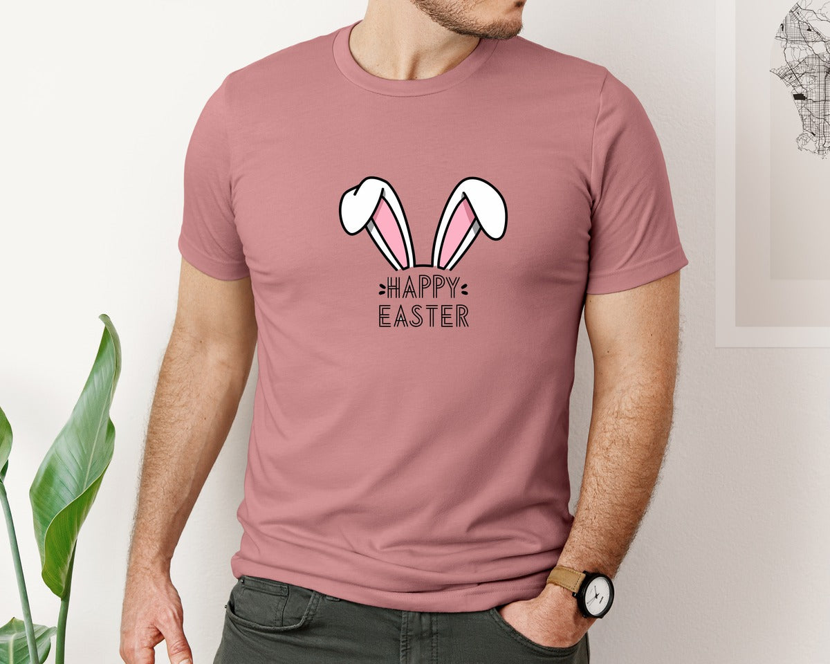brand:Bella Canvas|color:Heather Mauve|Happy Easter Bunny Ears Graphic T-Shirt