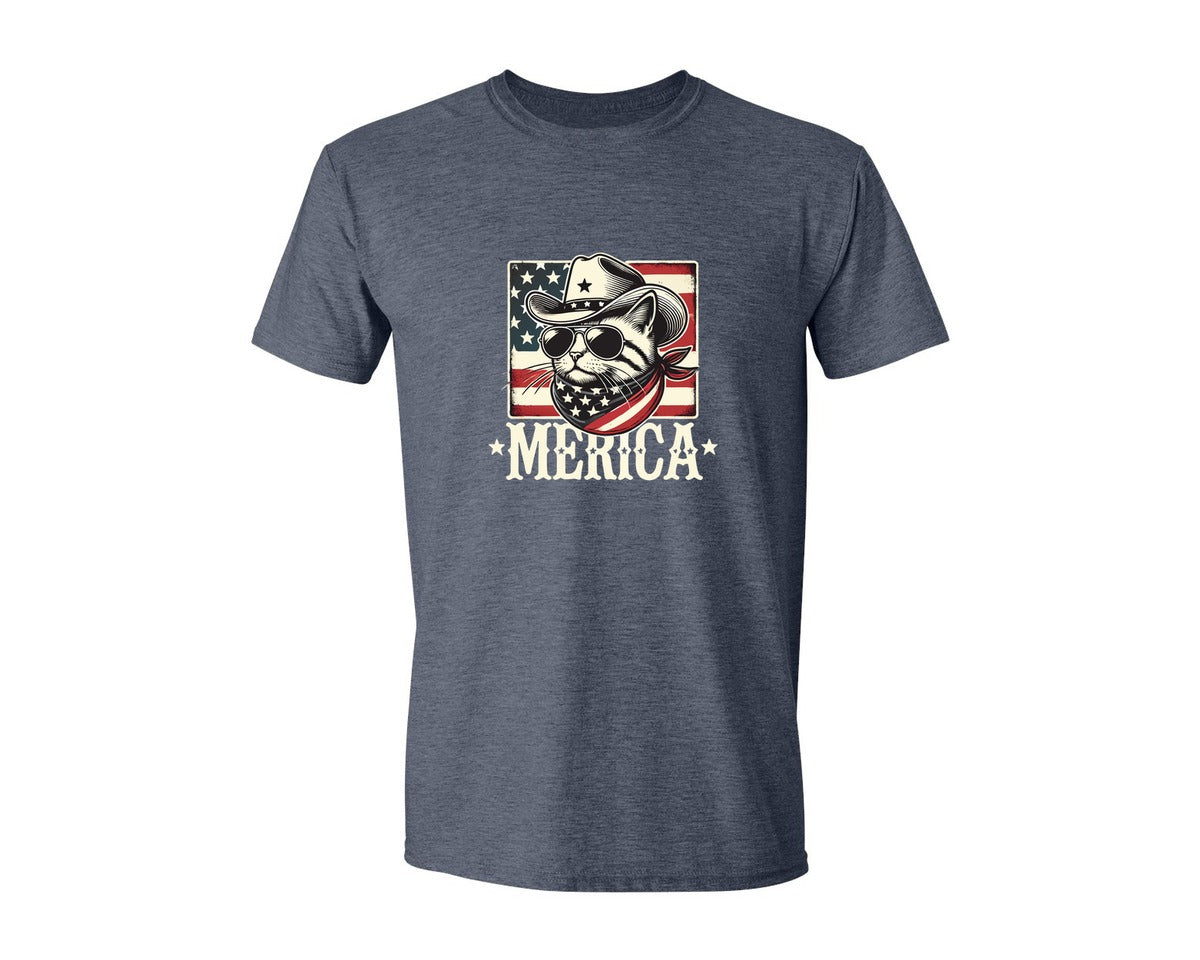 brand:Generic|color:Heather Navy|Merica Cat Patriotic Cowboy Cat Graphic T-Shirt