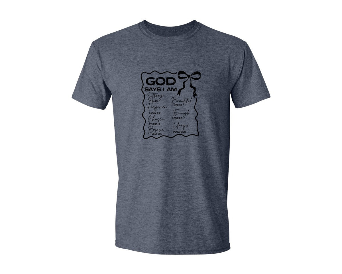 brand:Generic|color:Heather Navy|God Says I Am Coquette Christian Graphic T-Shirt