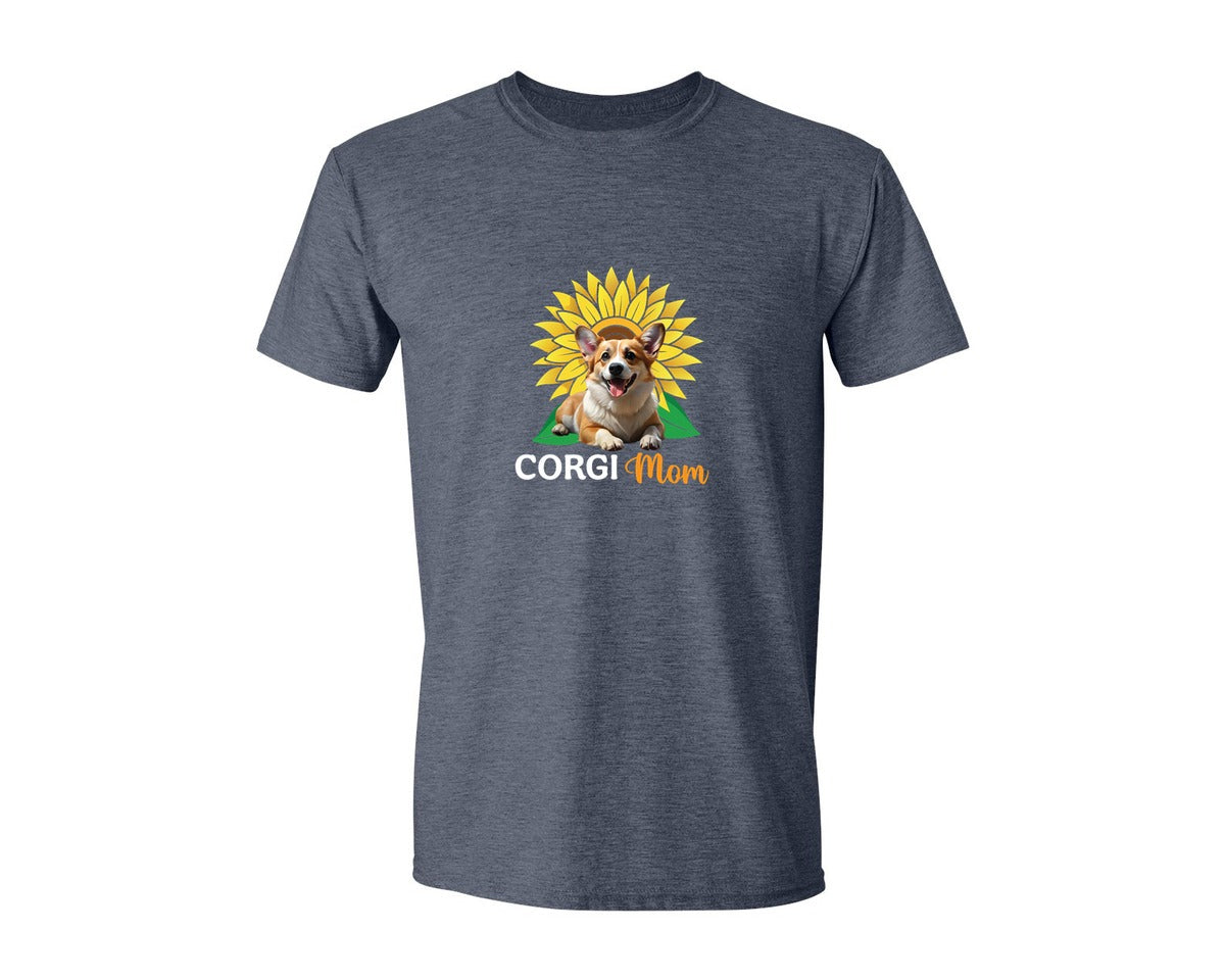 brand:Generic|color:Heather Navy|Corgi Mom Sunflower Graphic T-Shirt